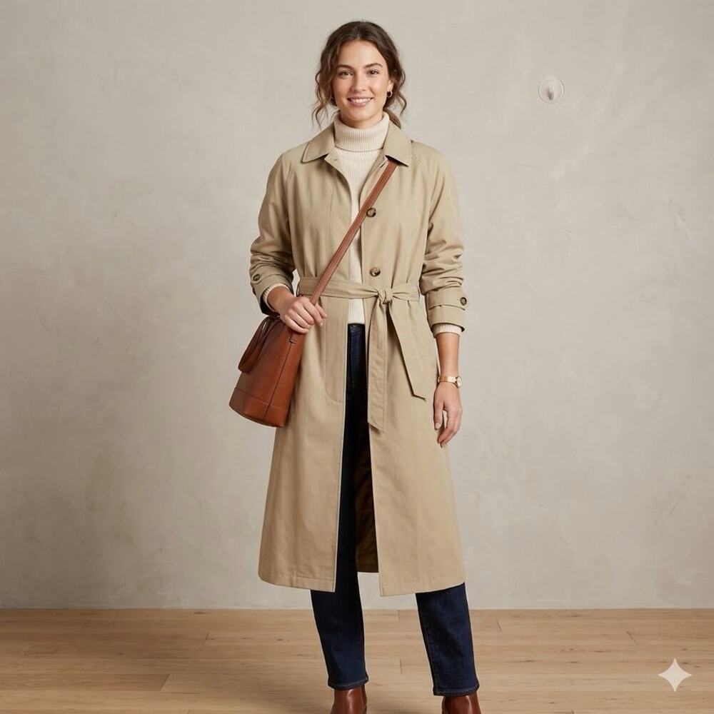 L.L. Bean Vintage 90s Y2K Trench Coat Khaki Tan Belted Overcoat Women's XL